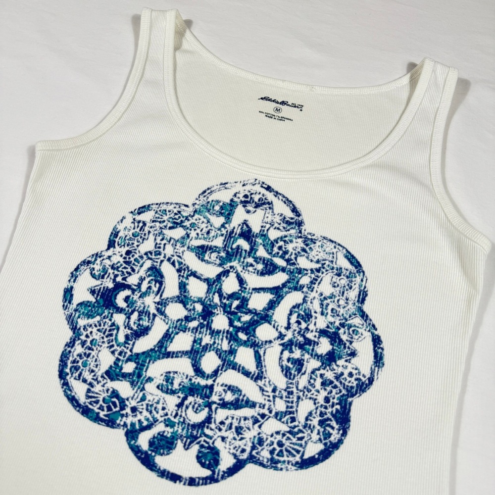 Eddie Bauer Womens Tank Top Sleveless White Blue Mandala Size M Yoga Athletic